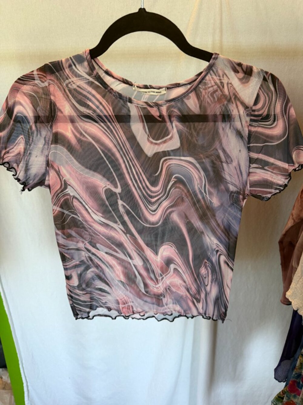 Caution to the Wind Pink Black Abstract Marble Print Sheer Mesh Top